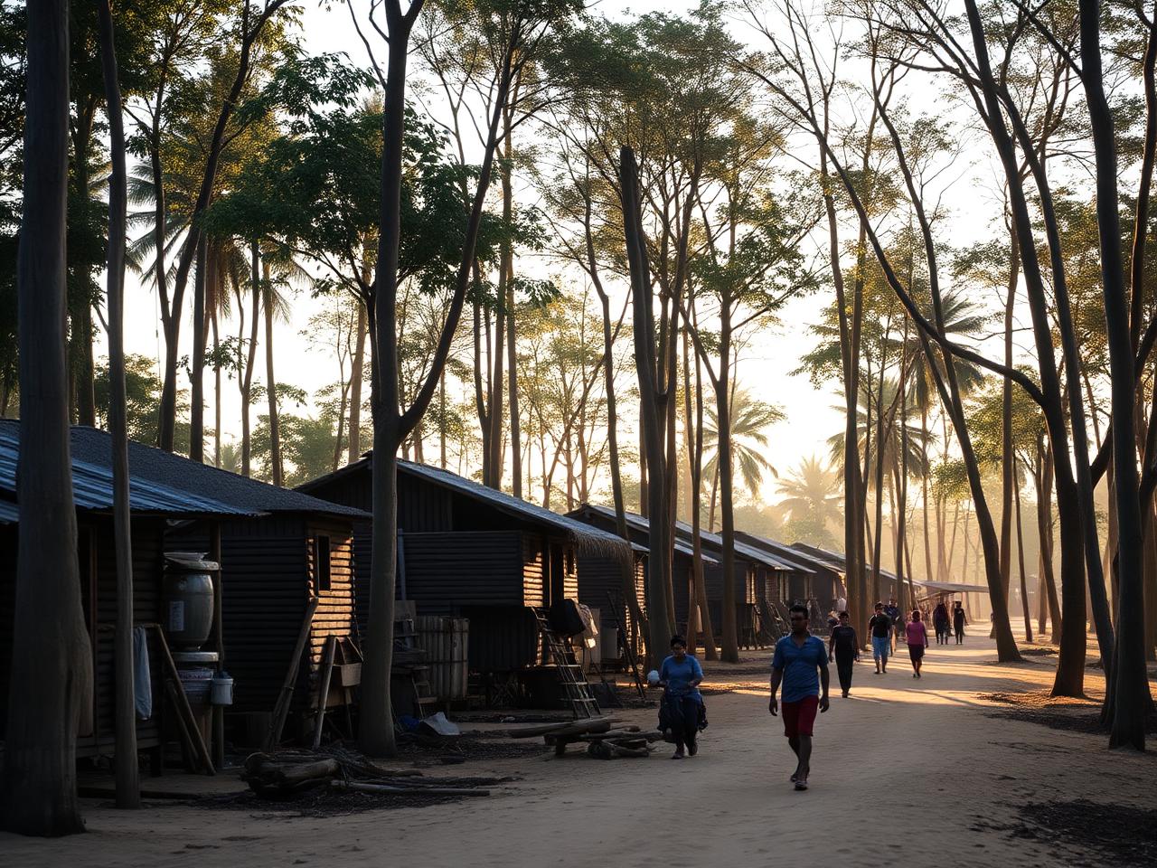 Casas de madeira de uma comunidade amazônica entre árvores altas, com moradores caminhando em um caminho de areia sob a luz do fim da tarde.