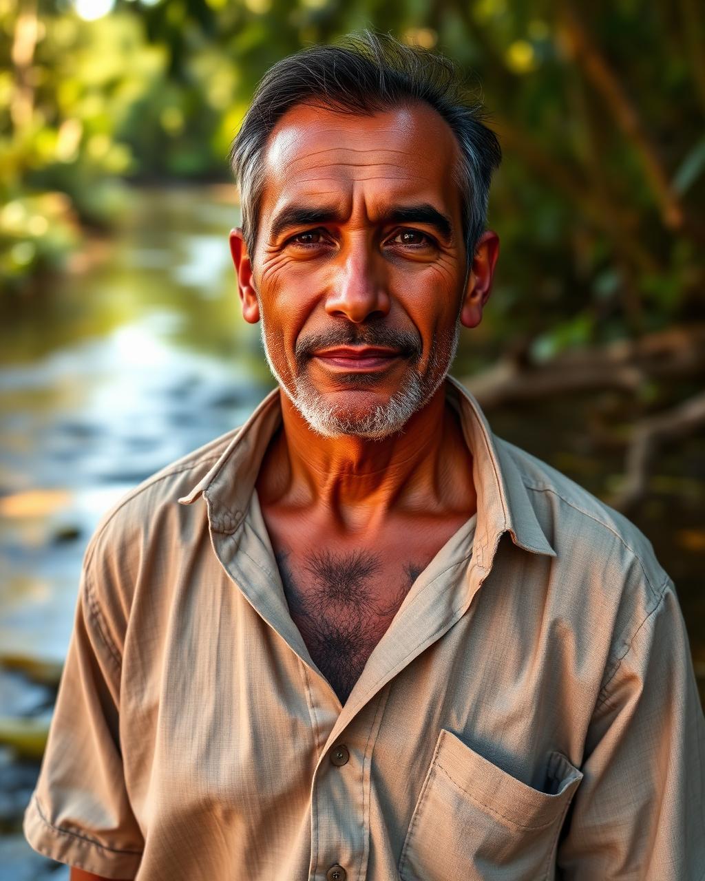 Retrato do curador do Ecomuseu Tarumã, homem adulto em pé à beira de um igarapé, com a floresta amazônica ao fundo.