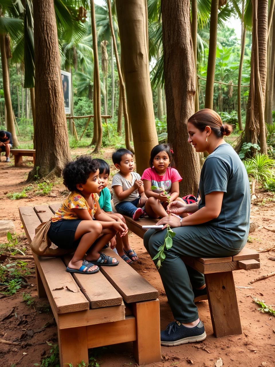 Educadora sentada em bancos de madeira na floresta conversando com crianças sobre plantas durante atividade de educação patrimonial.