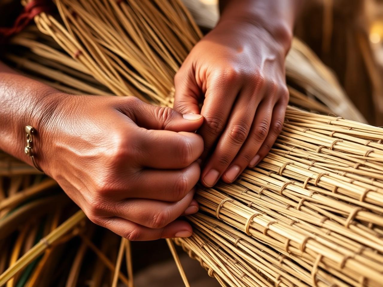 Mãos de uma artesã trançando fibras vegetais amazônicas na confecção de um cesto tradicional.