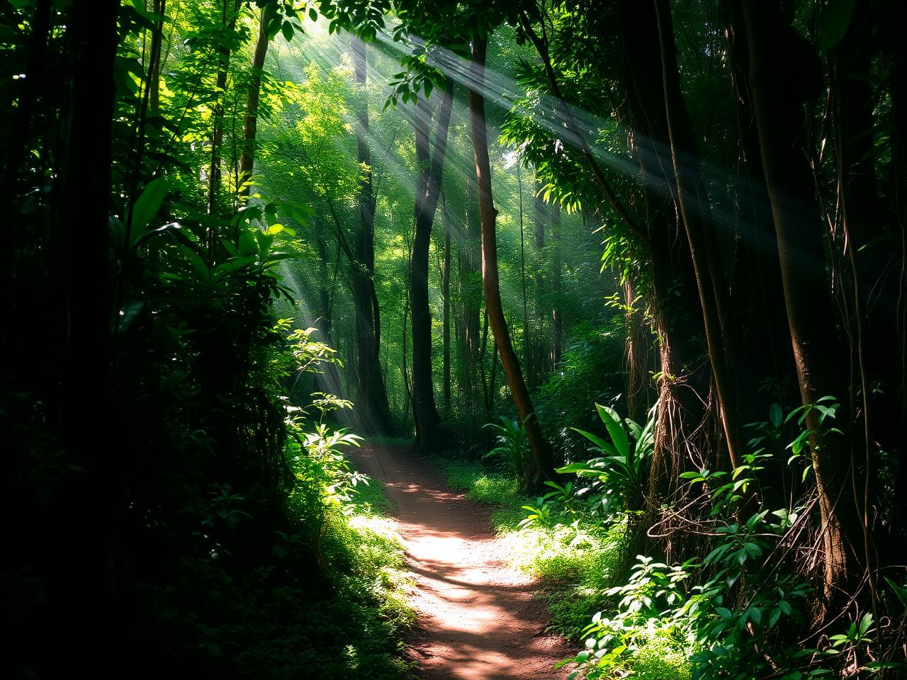 Trilha estreita de terra atravessando a floresta amazônica, com feixes de sol atravessando a copa das árvores.